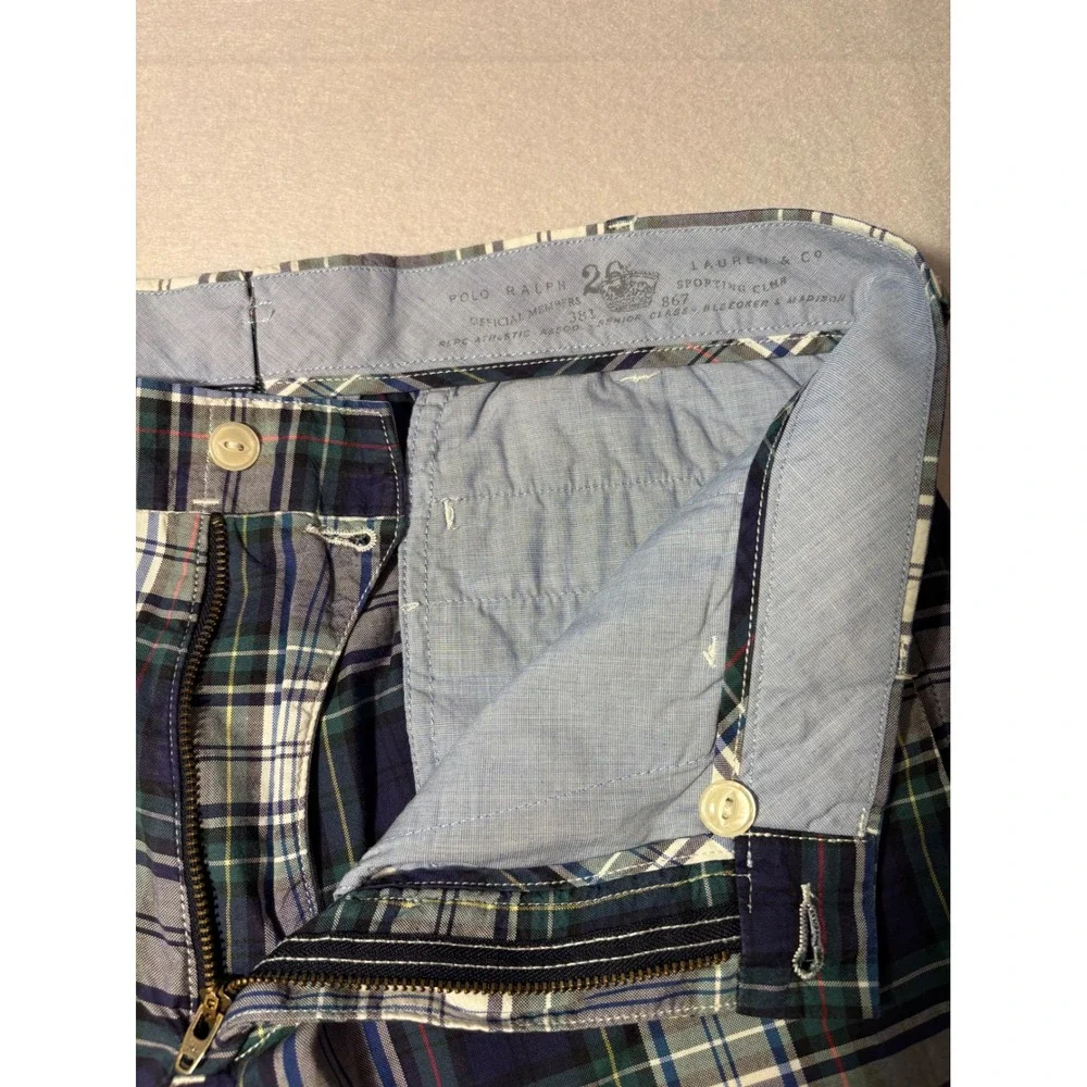 Polo Ralph Lauren Mens Slim GI Fit Plaid Shorts Navy Blue Green Cotton Size 32